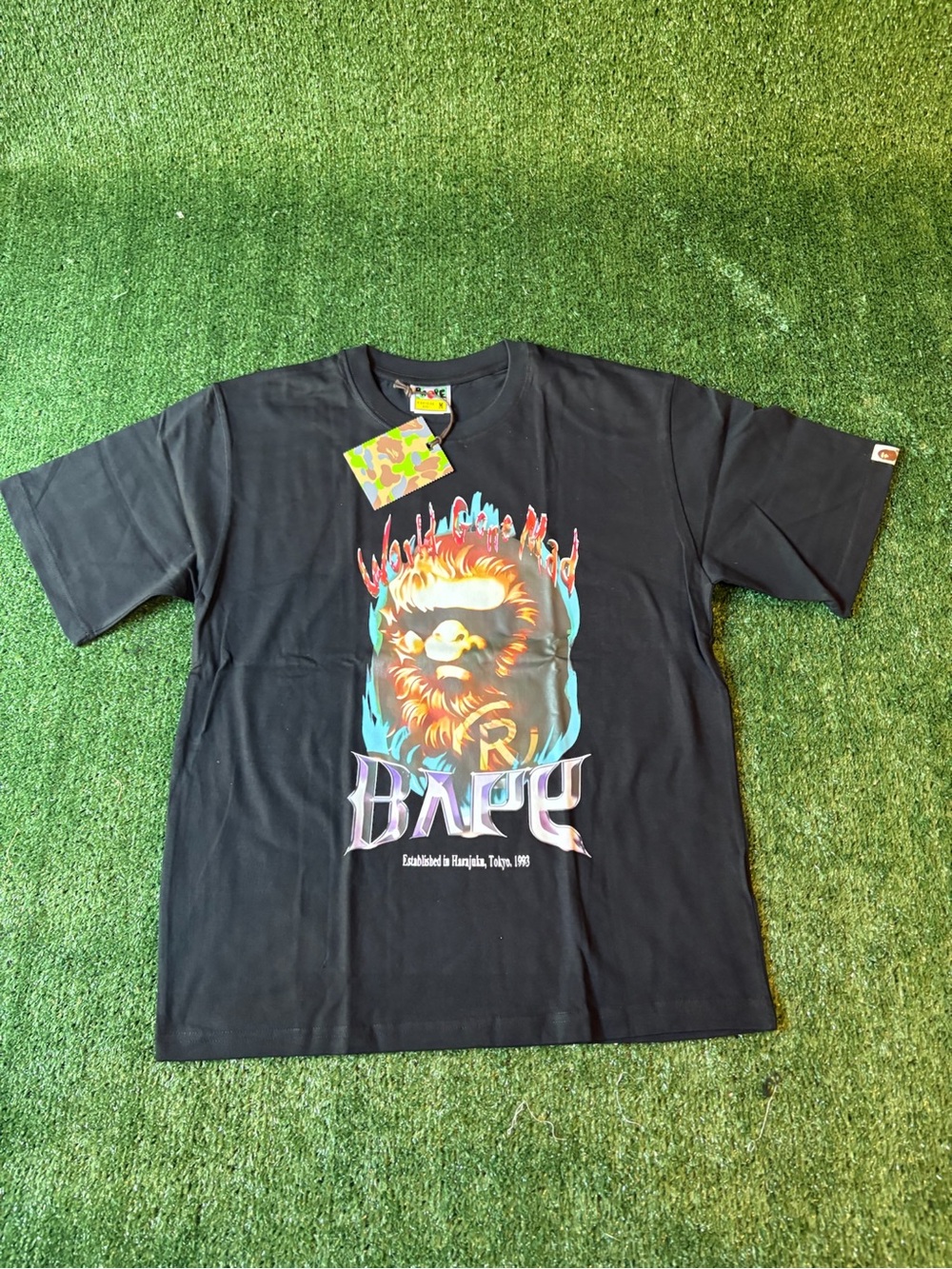 Bape Black Tee with Multicolor Flaming Ape Graphic